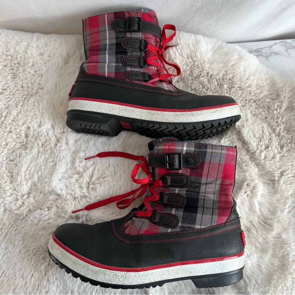 Ugg Red+Gray+Black Plaid Leather Textile Rubber Duck Boots.  Size 10